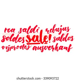 Sale word in different european languages. Soldes, soldi, rebujas, saldos, ausverkauf and rea. Red clearance banner with script calligraphy text. 