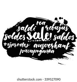 Sale word in different european languages. Soldes, soldi, rebujas, saldos, ausverkauf and rea. Black friday banner with script calligraphy text.