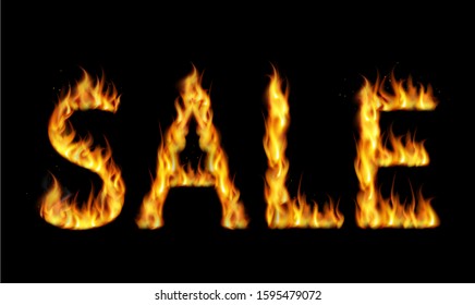 Sale word in flames lettering colorful realistic illustration. Sale typography on black background. Hot discounts. Marketing, advertisement banner, promotion poster with burning letters.