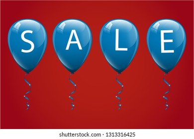 Sale word on blue balloons on red background