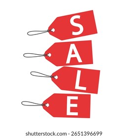 Sale word on red tags with strings. Flat minimalist vector style. Label for banner, discount sticker, web header, promo graphic, poster, online store visual, Black Friday, Cyber Monday, Christmas sale