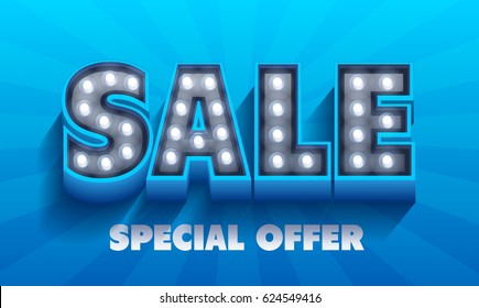 Sale word. Retro light signboard banner with glowing bulbs. Vector Illustration
