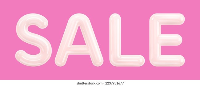 Sale. Word SALE from white 3d letters in glossy cartoon plastic style isolated on pink background. Banner, design element, promotion design, sale season, holiday sale. 3D Vector illustration