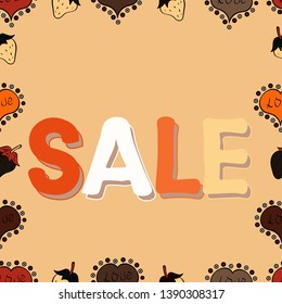 Sale words cloud, business concept background. Seamless. Picture in orange, beige and neutral colors. Lettering. Vector illustration.