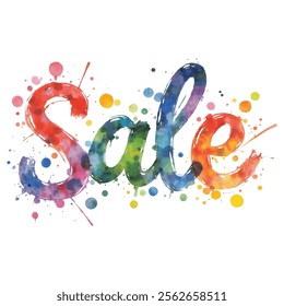 "Sale" written in a vibrant, multi-colored watercolor style with splatters and drips. This eye-catching design is perfect for promotional materials, banners, online sales, and other marketing campaign