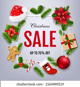 Sale Xmas Banner With Poinsettia With Gradient Mesh, Vector Illustration