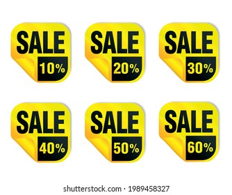 Sale yellow stickers icon set. Sale 10%, 20%, 30%, 40%, 50%, 60% off. Vector illustration