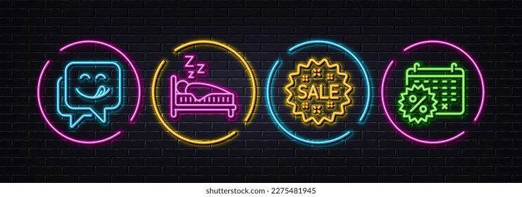 Sale, Yummy smile and Sleep minimal line icons. Neon laser 3d lights. Calendar discounts icons. For web, application, printing. Shopping star, Emoticon, Human in bed. Shopping. Vector