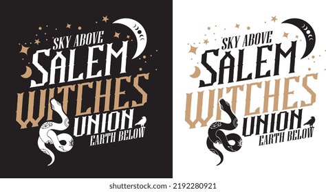 Salem Local Witches Union. Crescent moon and snake. Surrounded by stars. Halloween Vector and Clip Art