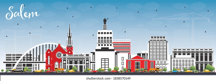 Salem Oregon City Skyline with Color Buildings and Blue Sky. Vector Illustration. Salem USA Cityscape with Landmarks. Business Travel and Tourism Concept with Modern Architecture.