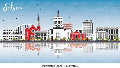 Salem Oregon City Skyline with Color Buildings, Blue Sky and Reflections. Vector Illustration. Salem USA Cityscape with Landmarks. Business Travel and Tourism Concept with Modern Architecture.