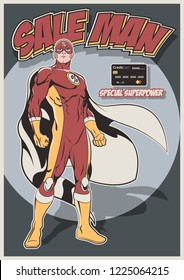 Sale-man with a Superpower. Black Friday and Sales Illustration. Comic Book Superhero Style