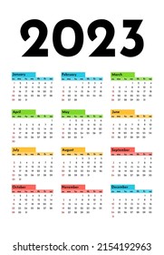 Salendar for 2023 isolated on a white background. Sunday to Monday, business template. Vector illustration