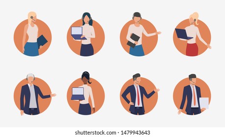 Sales agents consulting clients on phone. Male and female customer support phone operators. Vector illustration for banner, leaflet, advertising