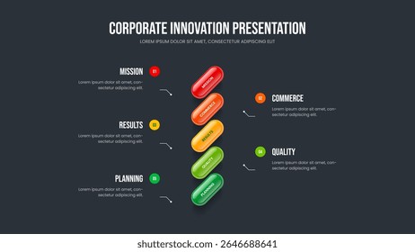 Sales Analysis Five Element Diagram Slide Template. Business Innovation 5 Option Infographic Slideshow Design. Enterprise Strategy Presentation Layout Vector Illustration.