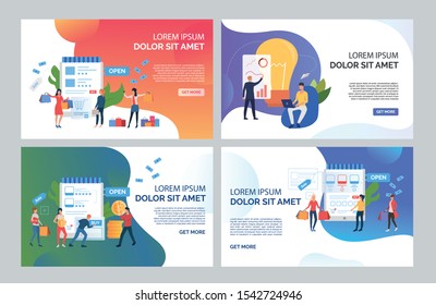 Sales Analysis Set. Customers Doing Shopping Online, Analysts Presenting Reports. Flat Vector Illustrations. Ecommerce Concept For Banner, Website Design Or Landing Web Page