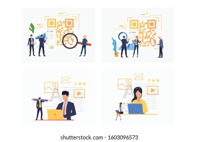 Sales analysis set. Professional team analyzing QR code, graphs. Flat vector illustrations. Business, internet store, commerce concept for banner, website design or landing web page