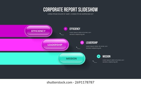 Layout de Apresentação Infográfica em Três Etapas da Análise de Vendas. Visão geral financeira Design Design Vetor Illustration. Modelo de Slide de Diagrama de Elemento do Marketing Showcase 3.
