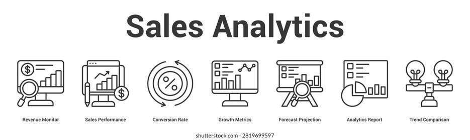 Sales Analytics web banner icon set vector illustration concept for business with icon of Revenue Monitor, Sales Performance, Conversion Rate, Growth Metrics, Forecast Projection, Analytics Repo.