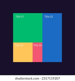 Sales analyzing tree map infographic chart design template for dark theme. Editable infochart with structured rectangle graphs. Visual data presentation. Myriad Pro-Regular font used