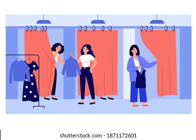 Sales assistant helping customers in fitting room. Girls trying on new clothes in fashion store. Vector illustration for shopping, boutique, fashion concept