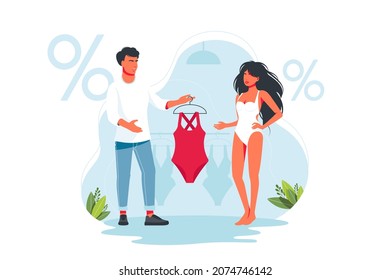 sales assistant helps the buyer to choose a swimsuit, dress. consultant gives the woman a swimsuit to try on. Shopping, buying trendy fashionable clothes. Vector. Boyfriend or husband buys girl things