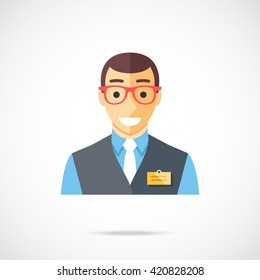 Sales Assistant Icon. Clerk, Cashier, Store Worker, Bank Employee, Manager, Shop Consultant Concepts. Happy Smiling White Man Wearing Store Uniform And Badge. Trendy Flat Design Vector Illustration