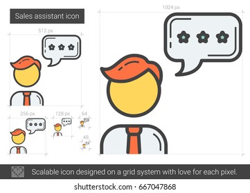 Sales assistant vector line icon isolated on white background. Sales assistant line icon for infographic, website or app. Scalable icon designed on a grid system.