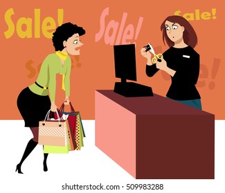 Sales Associate At The Cash Register Cutting A Credit Card Of A Female Customer, Holding A Number Of Shopping Bags, EPS 8 Vector Illustration