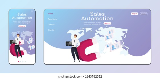 Sales automation adaptive landing page flat color vector template. Customer relationship management mobile and PC homepage layout. CRM one page website UI. Businessman webpage cross platform design