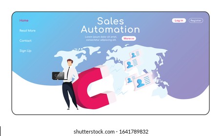 Sales automation landing page flat color vector template. Magnet attracts clients homepage layout. CRM system one page website interface with cartoon character. Man keeps laptop web banner, webpage