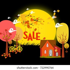 Sales autumn with background leaves falling and bicycle under the moonlight