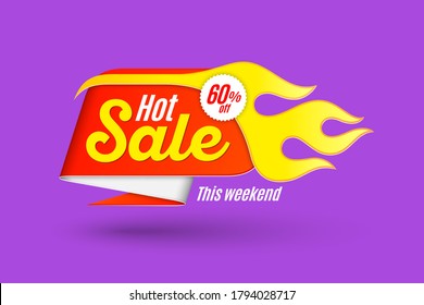 Diseño de plantilla de fondo de ventas con llama. Señal de venta en caliente. Ilustración del vector
