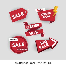 Sales badges, red ribbon banners. Price tags, website stickers, new offer badge collection isolated. Vector illustration.
