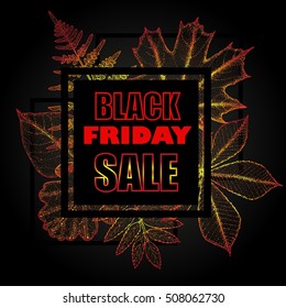 Sales banner with autumn leaves. Black Friday sale inscription design template. Black Friday banner.