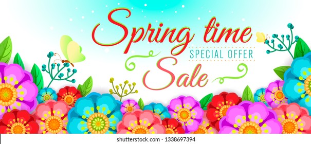 Sales banner design with stylized spring flowers