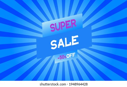 Sales banner on a blue background with stripes, minimalism style. Super sale banner with abstract background, minimalism. Template for a sale in a store or on a website, vector illustration.