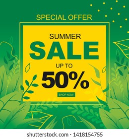 Sales Banner with Promotional Offer in Frame. Vector Advertisement Green Palm Leaves. Flat Color Illustration in Exotic Style. Summer Discount for Online Shop. Holidays Tropical Greetings