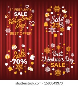 Sales banner with snowflakes and presents vector, isolated offers inscriptions. Presents on valentines day, lowering of price up to 75 percent red curtain