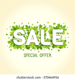 Sales banner. Spring, summer discount. Vector poster with colorful green leafs.