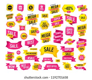 Sales banner. Super mega discounts. Sale speech bubble icon. Discount star symbol. Big sale shopping bag sign. First month free medal. Black friday. Cyber monday. Vector