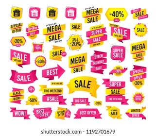 Sales banner. Super mega discounts. Sale gift box tag icons. Discount special offer symbols. 50%, 60%, 70% and 80% percent off signs. Black friday. Cyber monday. Vector