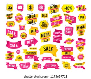 Sales banner. Super mega discounts. Business icons. Graph chart and case signs. Dollar currency and gear cogwheel symbols. Black friday. Cyber monday. Vector