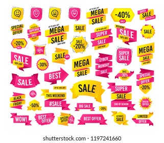 Sales banner. Super mega discounts. Happy face speech bubble icons. Smile sign. Map pointer symbols. Black friday. Cyber monday. Vector