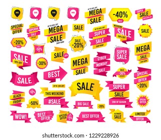 Sales banner. Super mega discounts. Sale pointer tag icons. Discount special offer symbols. 30%, 50%, 70% and 90% percent discount signs. Black friday. Cyber monday. Vector
