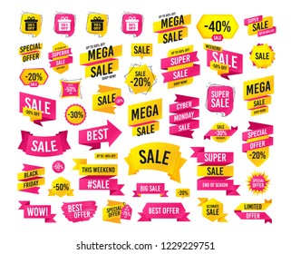 Sales banner. Super mega discounts. Sale gift box tag icons. Discount special offer symbols. 30%, 50%, 70% and 90% percent off signs. Black friday. Cyber monday. Vector