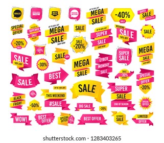 Sales banner. Super mega discounts. Sale icons. Special offer speech bubbles symbols. Buy now arrow shopping signs. Available now. Black friday. Cyber monday. Vector