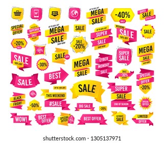 Sales banner. Super mega discounts. Online shopping icons. Smartphone, shopping cart, buy now arrow and internet signs. WWW globe symbol. Black friday. Cyber monday. Vector