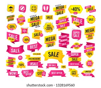 Sales banner. Super mega discounts. Beach holidays icons. Ball, umbrella and flip-flops sandals signs. Lifebuoy symbol. Black friday. Cyber monday. Vector