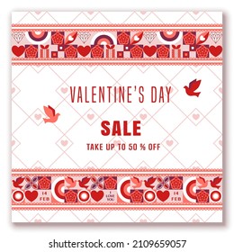 Sales banner for Valentines day with horizontal geometric composition, place for text. Such symbols of Valentines day as heart, rose, dove are used. Grid with small hearts, thin lines on background